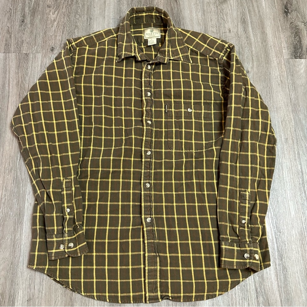 Beretta plaid striped brown yellow long sleeve flannel button shirt